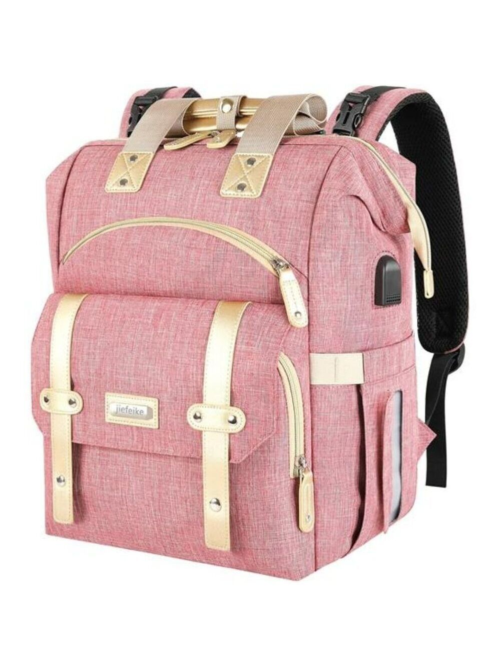 Pink Diaper Backpack Baby Travel Bag with USB Port Insulated Bottle Pocket